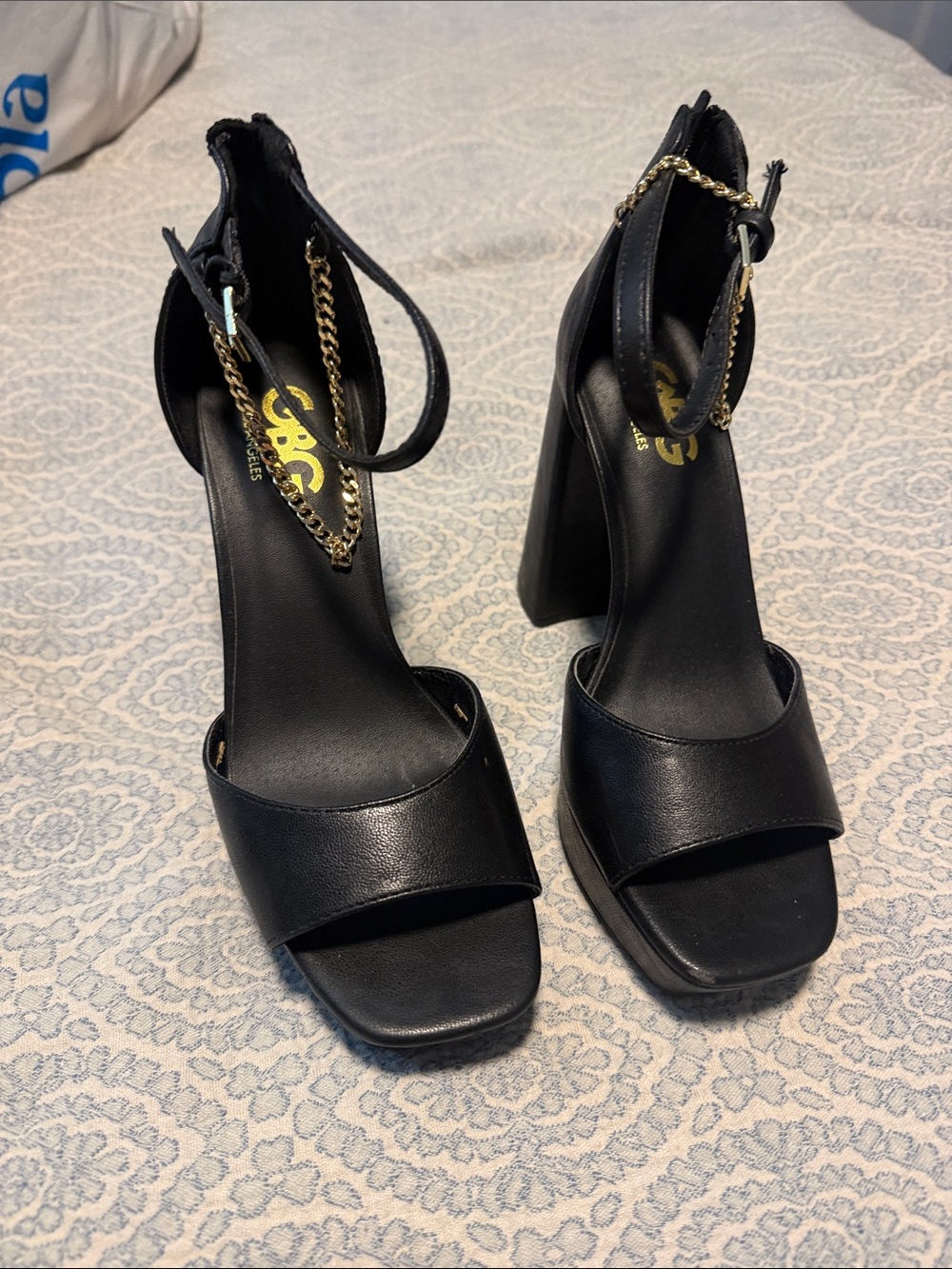 G by Guess Black Open-Toe Block Heel Sandals with Gold Chain Ankle Detail